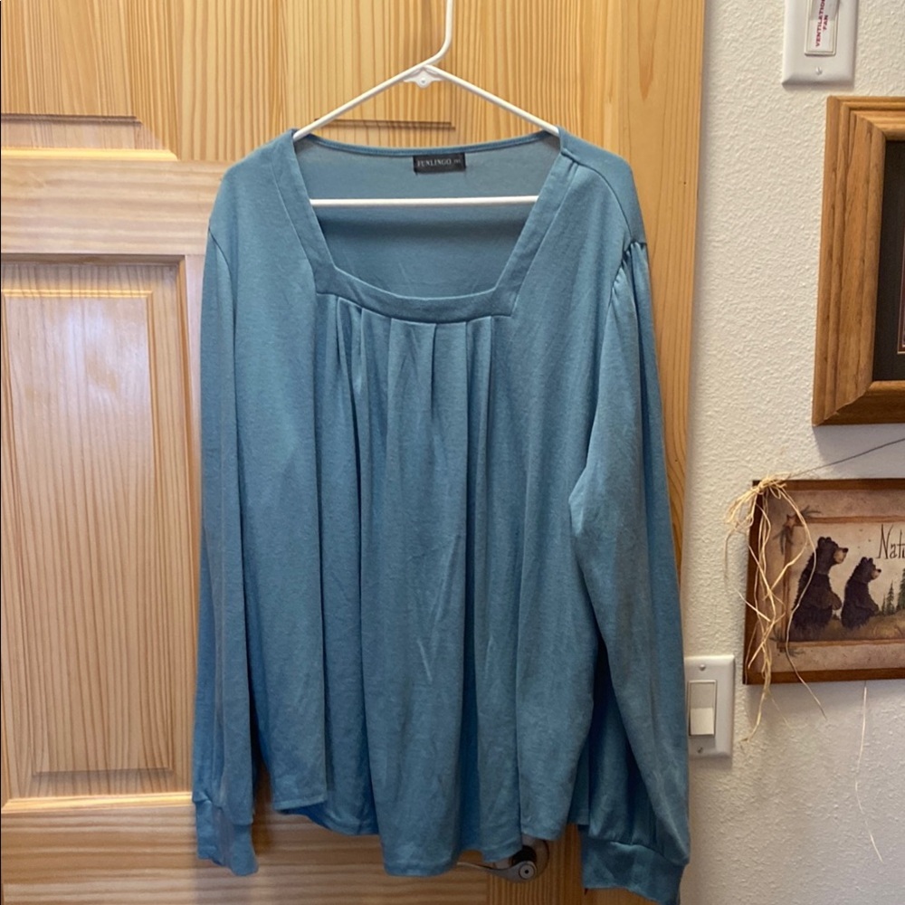 Blue Relaxed Pleated Long Sleeve Blouse